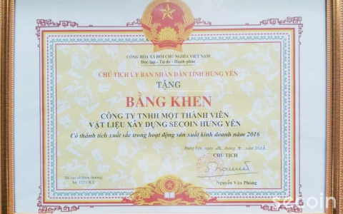 Secoin Hưng Yên vinh dự được Chủ tịch UBND tỉnh Hưng Yên tặng bằng khen vì đã có thành tích xuất sắc trong hoạt động sản xuất kinh doanh năm 2016